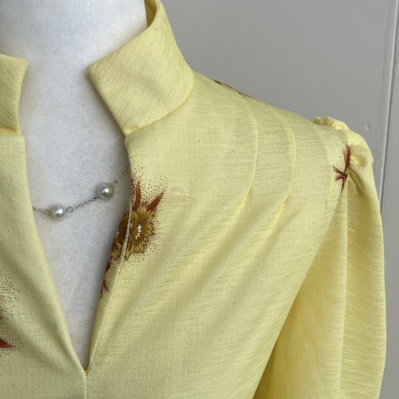 Vintage 60s 70s Pastel Yellow Prairie Maxi Dress with Brown Floral Puff Sleeves - Picture 14 of 16